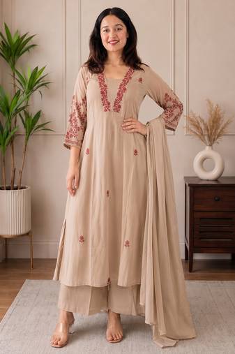 Women beige floral embroidered silk blend kurta with trouser pant & dupatta set
