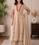 Women beige floral embroidered silk blend kurta with trouser pant & dupatta set