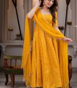 Yellow anarkali kurta set with pant and dupatta for women