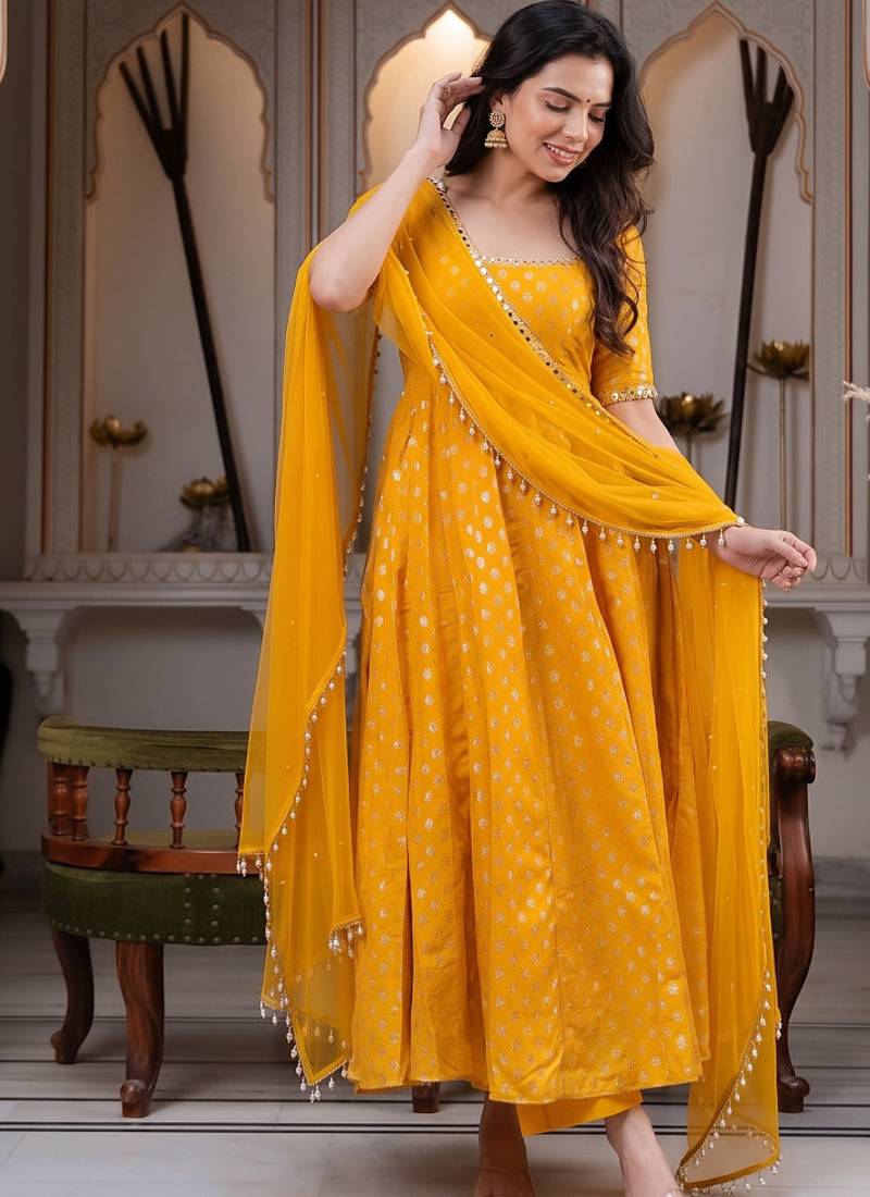 Yellow anarkali kurta set with pant and dupatta for women
