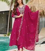 Trendy rani pink embroidered kurti pant with dupatta set