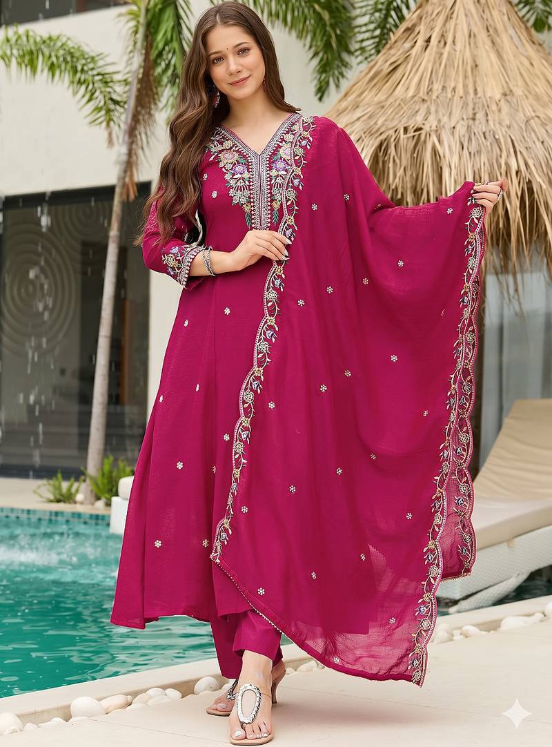Trendy rani pink embroidered kurti pant with dupatta set