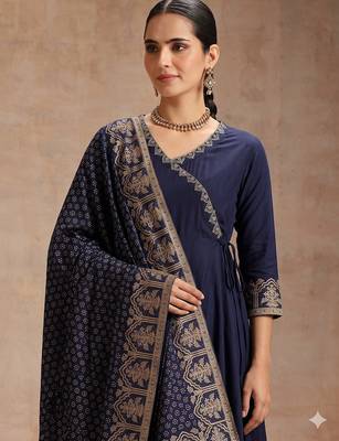 Navy blue embroidered angrakha flared anarkali kurta pant and dupatta set 2