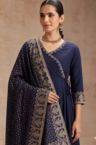 Navy blue embroidered angrakha flared anarkali kurta pant and dupatta set