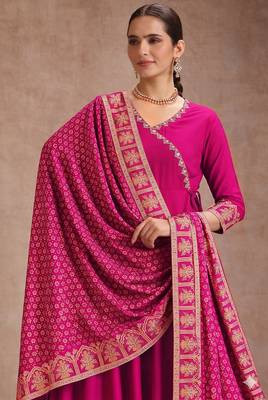 Rani pink embroidered angrakha flared anarkali kurta pant and dupatta set 2