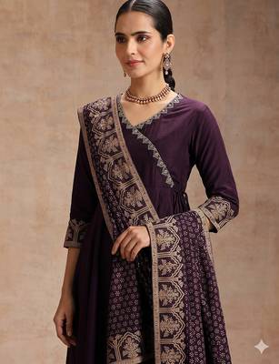 Wine embroidered angrakha flared anarkali kurta pant and dupatta set 2