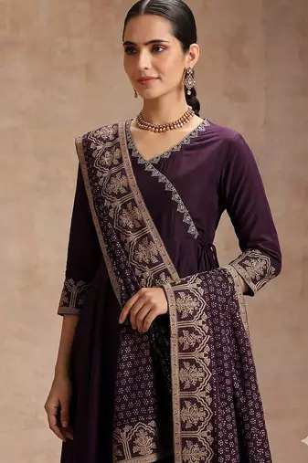 Wine embroidered angrakha flared anarkali kurta pant and dupatta set