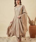 Classy beige heavy embroidered flared kurti with pant & dupatta set
