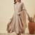 Classy beige heavy embroidered flared kurti with pant & dupatta set