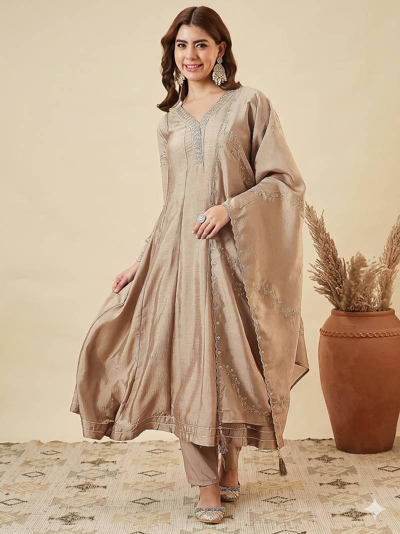 Classy beige heavy embroidered flared kurti with pant & dupatta set