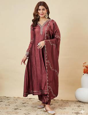 Classy brown heavy embroidered flared kurti with pant & dupatta set 1