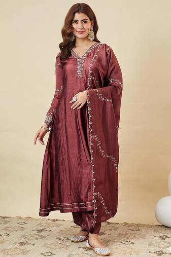 Classy brown heavy embroidered flared kurti with pant & dupatta set