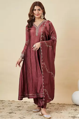 Classy brown heavy embroidered flared kurti with pant & dupatta set