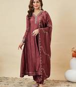 Classy brown heavy embroidered flared kurti with pant & dupatta set