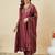 Classy brown heavy embroidered flared kurti with pant & dupatta set