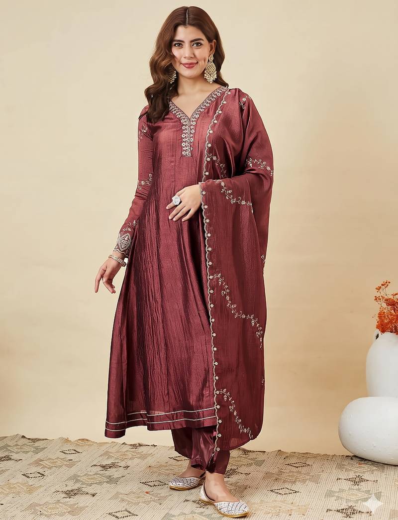 Classy brown heavy embroidered flared kurti with pant & dupatta set