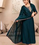 Women's heavy embroidered yoke neck flared kurti pant set with lace border dupatta