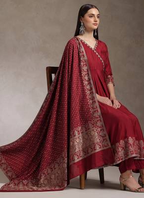 Maroon embroidered angrakha flared anarkali kurta pant and dupatta set 2