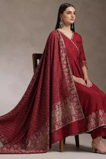 Maroon embroidered angrakha flared anarkali kurta pant and dupatta set