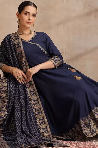 Navy blue embroidered angrakha flared anarkali kurta pant and dupatta set
