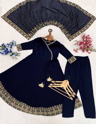 Navy blue embroidered angrakha flared anarkali kurta pant and dupatta set 4