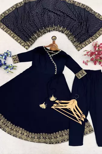 Navy blue embroidered angrakha flared anarkali kurta pant and dupatta set