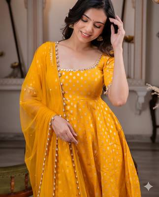Yellow anarkali kurta set with pant and dupatta for women 2