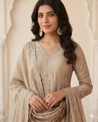 Classy beige heavy embroidered flared kurti with pant & dupatta set 2