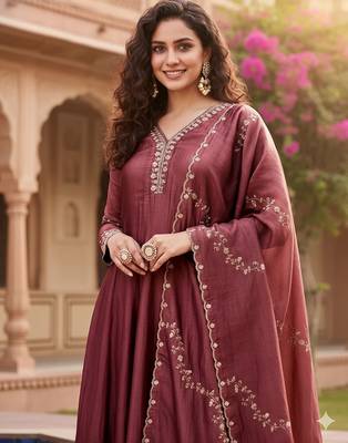 Classy brown heavy embroidered flared kurti with pant & dupatta set 2
