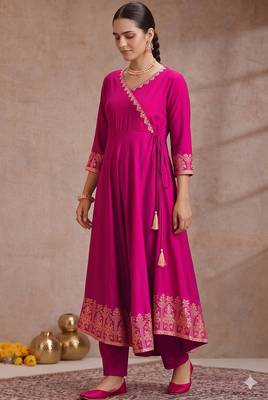 Rani pink embroidered angrakha flared anarkali kurta pant and dupatta set 3