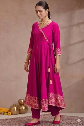 Rani pink embroidered angrakha flared anarkali kurta pant and dupatta set