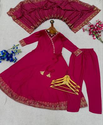 Rani pink embroidered angrakha flared anarkali kurta pant and dupatta set 4