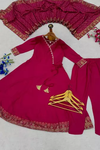 Rani pink embroidered angrakha flared anarkali kurta pant and dupatta set