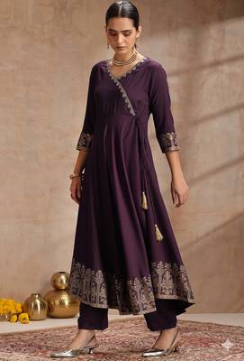 Wine embroidered angrakha flared anarkali kurta pant and dupatta set 3