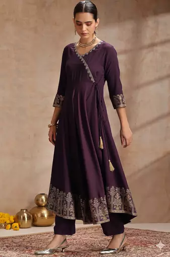 Wine embroidered angrakha flared anarkali kurta pant and dupatta set
