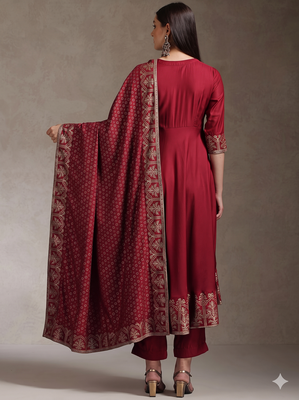 Maroon embroidered angrakha flared anarkali kurta pant and dupatta set 3