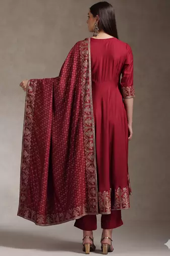 Maroon embroidered angrakha flared anarkali kurta pant and dupatta set