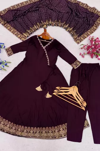 Wine embroidered angrakha flared anarkali kurta pant and dupatta set
