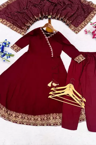 Maroon embroidered angrakha flared anarkali kurta pant and dupatta set