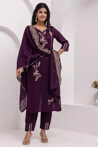 Wine floral embroidered round-neck georgette straight kurta with trousers & dupatta