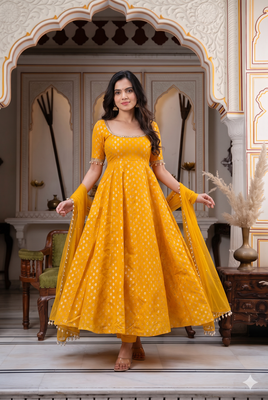 Yellow anarkali kurta set with pant and dupatta for women 3