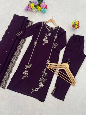 Wine floral embroidered round-neck georgette straight kurta with trousers & dupatta 4