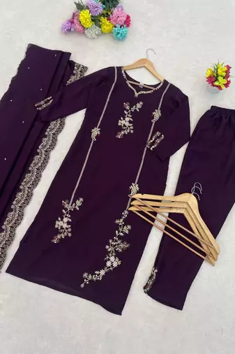 Wine floral embroidered round-neck georgette straight kurta with trousers & dupatta