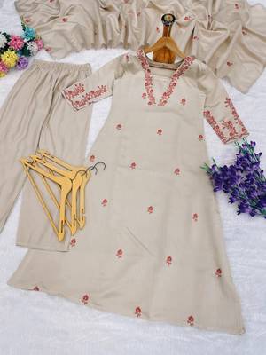 Women beige floral embroidered silk blend kurta with trouser pant & dupatta set 4