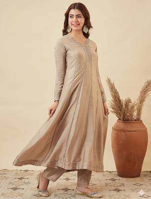 Classy beige heavy embroidered flared kurti with pant & dupatta set 3