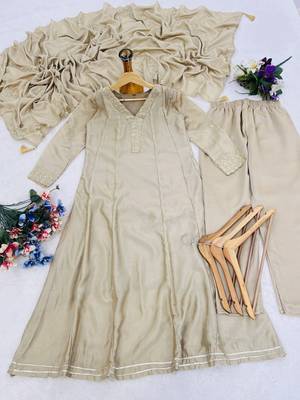 Classy beige heavy embroidered flared kurti with pant & dupatta set 4