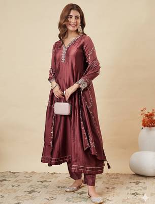 Classy brown heavy embroidered flared kurti with pant & dupatta set 3