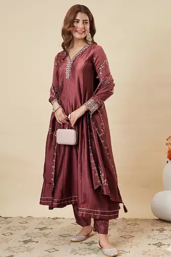 Classy brown heavy embroidered flared kurti with pant & dupatta set