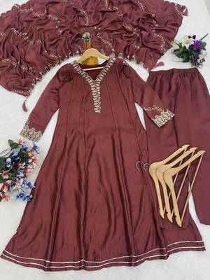 Classy brown heavy embroidered flared kurti with pant & dupatta set 4