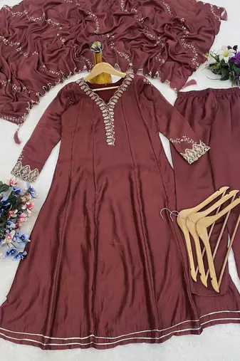 Classy brown heavy embroidered flared kurti with pant & dupatta set
